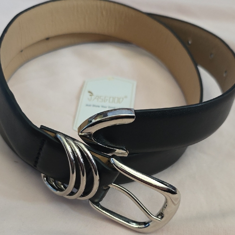 Women's Black Leather Belt with Silver Buckle By Jasgood, NWT - Picture 2 of 14